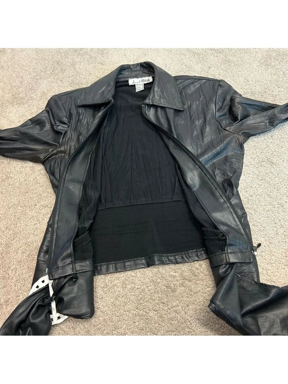 Joseph Ribkoff black faux leather full zip front buckle jacket wrinkled style 6